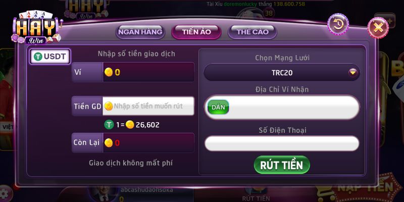 Rút tiền HAYWIN về ví USDT